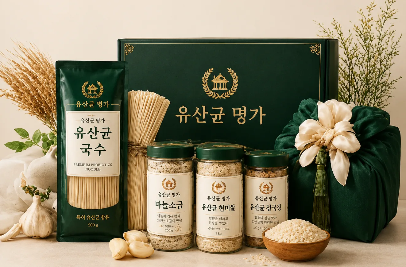 유산균 명가 프리미엄 선물세트 — 현미쌀, 국수, 마늘소금, 청국장